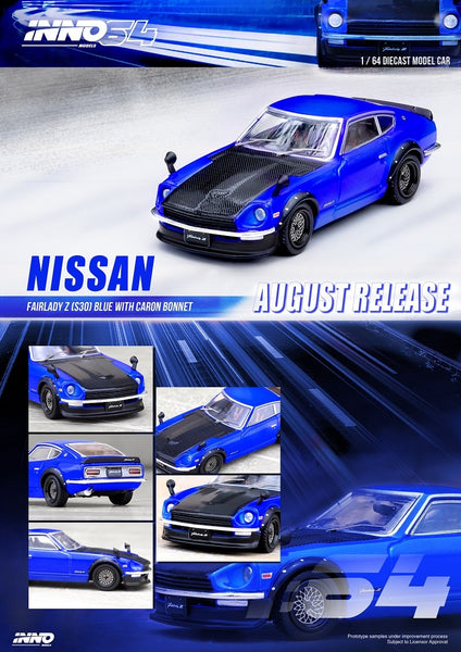 Datsun 240Z S30 Fairlady Blue with Carbon Fiber Hood Model Car - INNO64 1:64